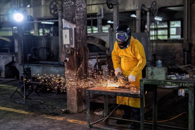 Maintenance mechanical man wearing leather body protection use grinding machine cutting fire spark A worker at a contract manufacturing company cuts a piece of metal for a job.