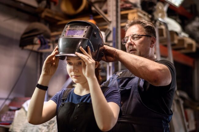 welder-mentor-helps-apprentice-put-on-welding-mask A welding mentor helps his apprentice to put on her welding mask.