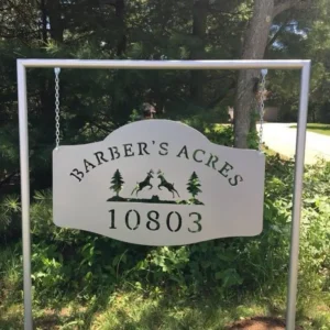 A custom designed metal road sign for Barber's Acres.