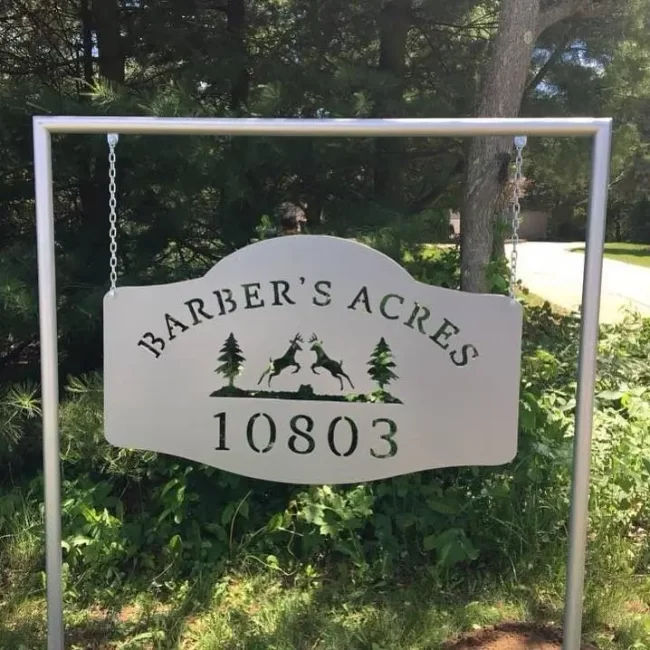 Elite Welding Barber’s Acres Sign A custom designed metal road sign for Barber's Acres.