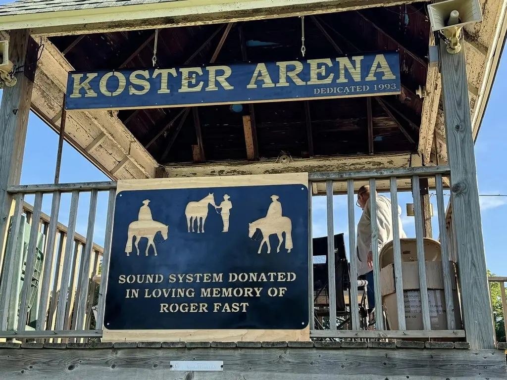 A custom metal fabricated sign for the Koster Arena in the Calhoun County Fair.