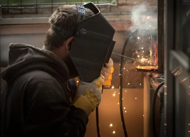 a-man-with-a-welding-machine-welds-a-metal-structu-2023-11-27-05-22-16-utc-min A young man with a welding mask and tool performs welding repairs on a metal structure.